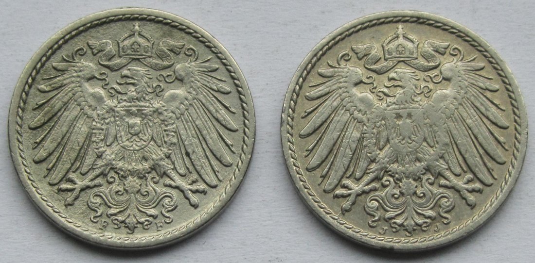  Kaiserreich: 5 Pfennig 1909 F + 1913 J   