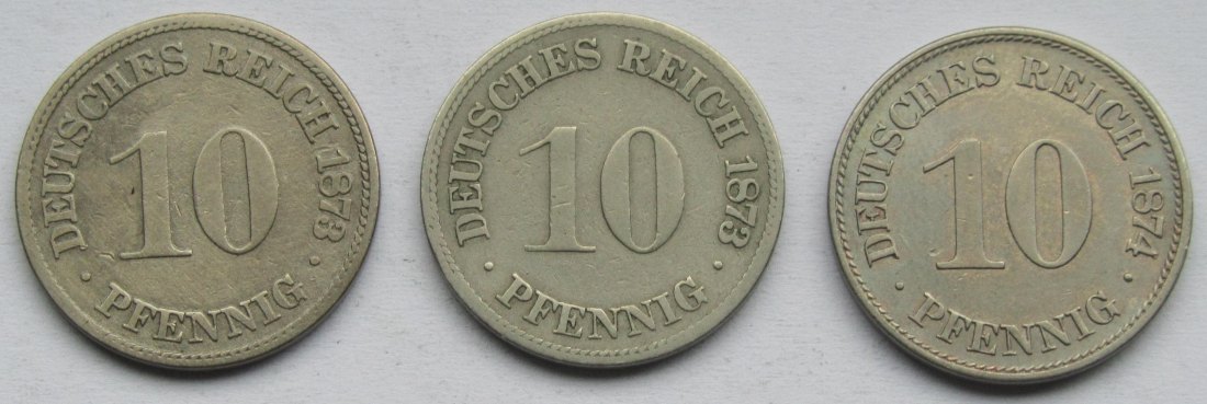  Kaiserreich: 3 x 10 Pfennig seltene Jahrgänge 1873 D + 1873 F + 1874 E   