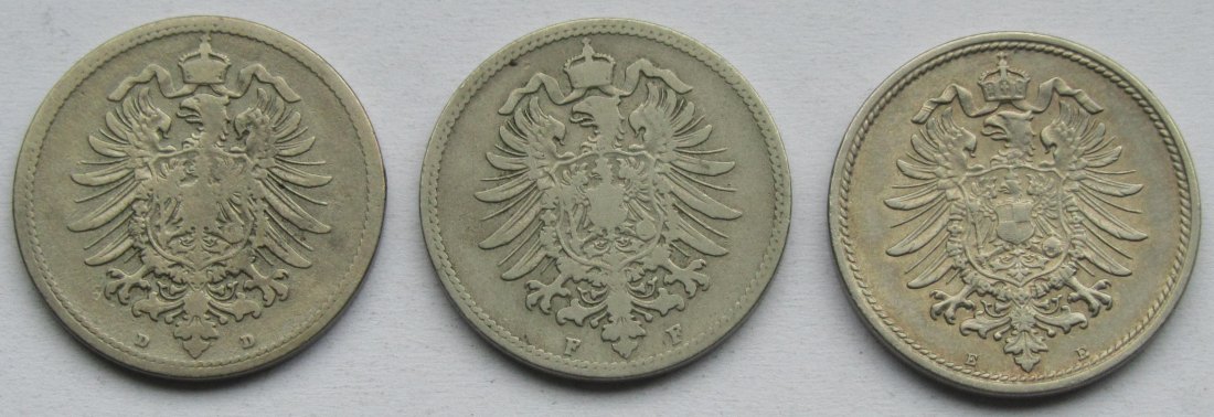  Kaiserreich: 3 x 10 Pfennig seltene Jahrgänge 1873 D + 1873 F + 1874 E   