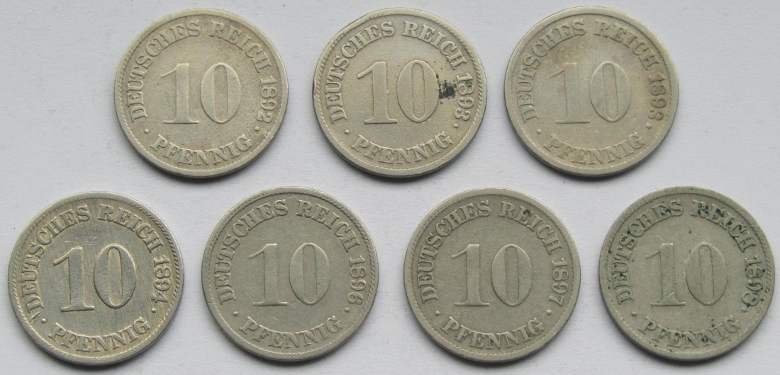  Kaiserreich: 7 x 10 Pfennig seltene Jahrgänge   