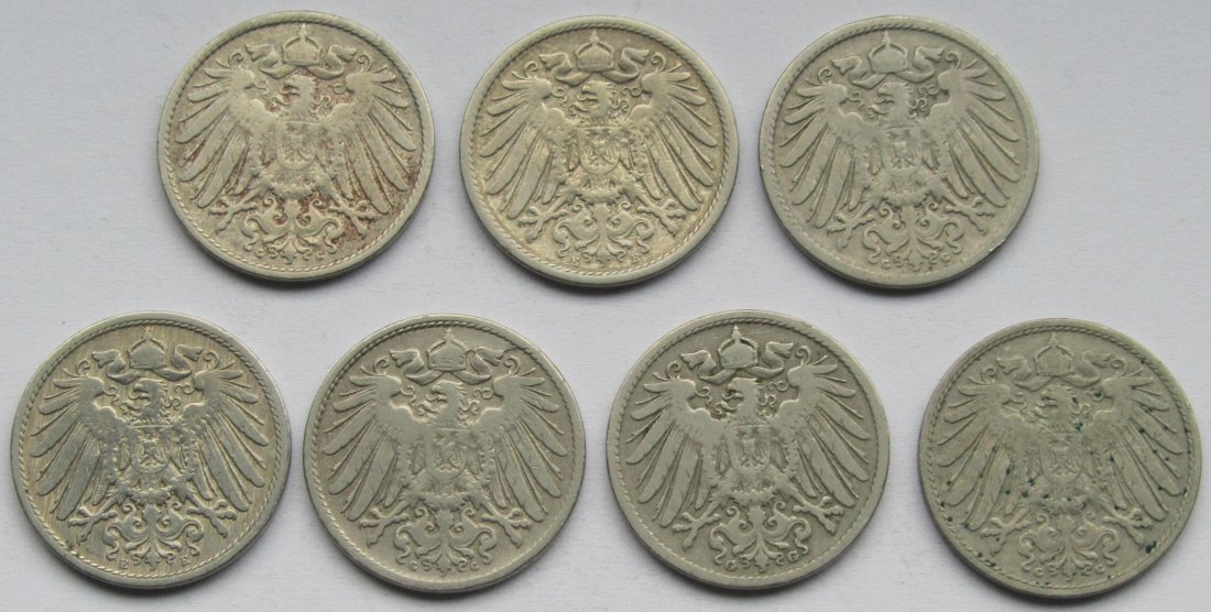  Kaiserreich: 7 x 10 Pfennig seltene Jahrgänge   