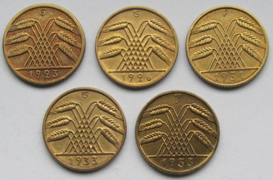  Weimarer Republik: 5 x 10 Pfennig seltene Jahrgänge   