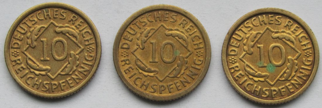  Weimarer Republik: 3 x 10 Pfennig seltene Jahrgänge (1934 E + F + G)   