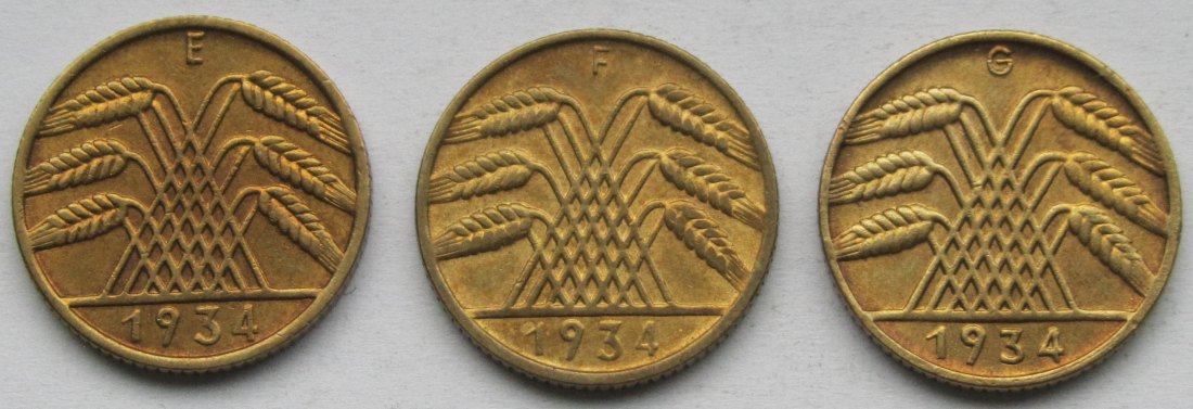  Weimarer Republik: 3 x 10 Pfennig seltene Jahrgänge (1934 E + F + G)   