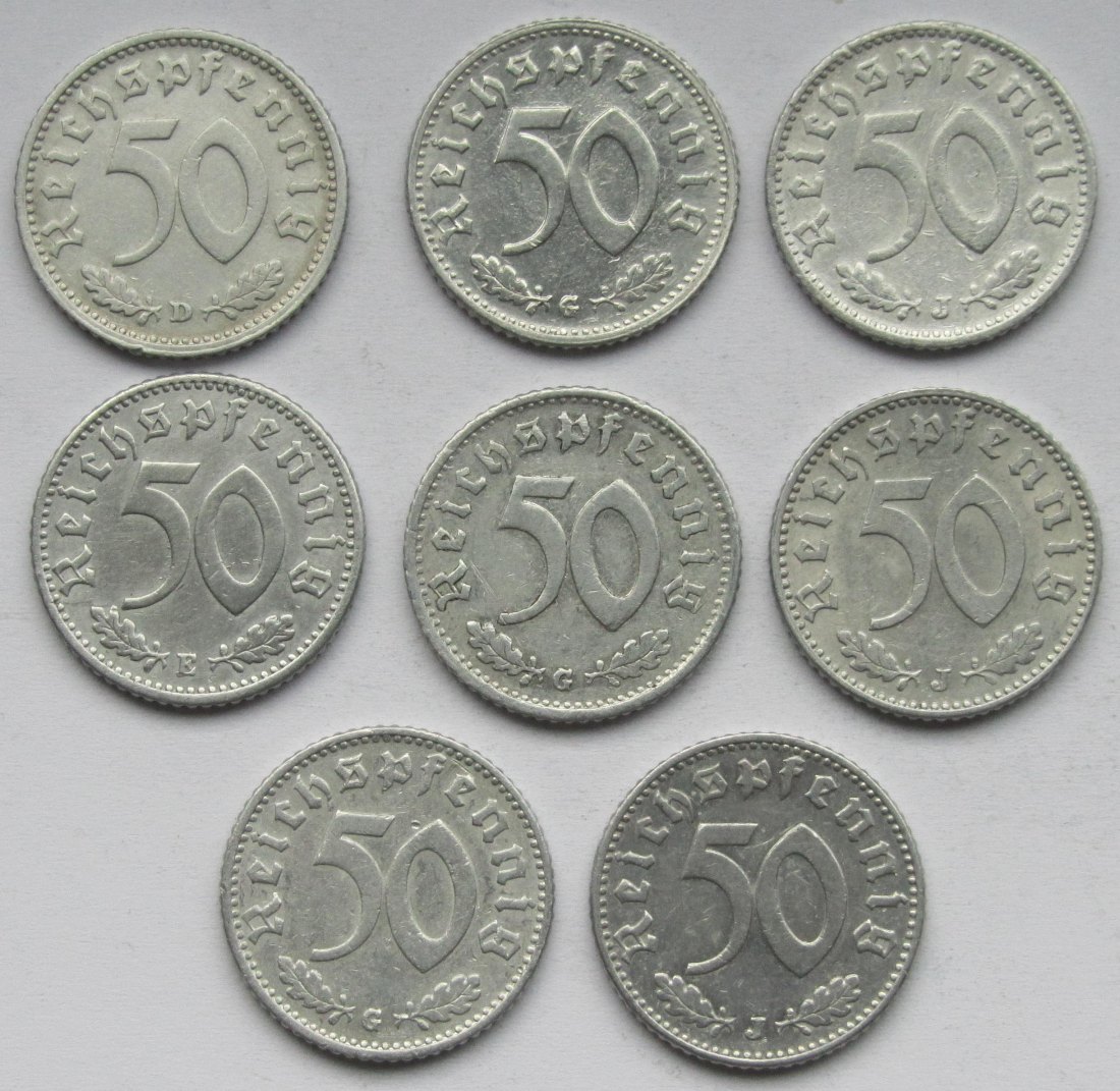  Deutsches Reich: 8 x 50 Pfennig seltene Jahrgänge   