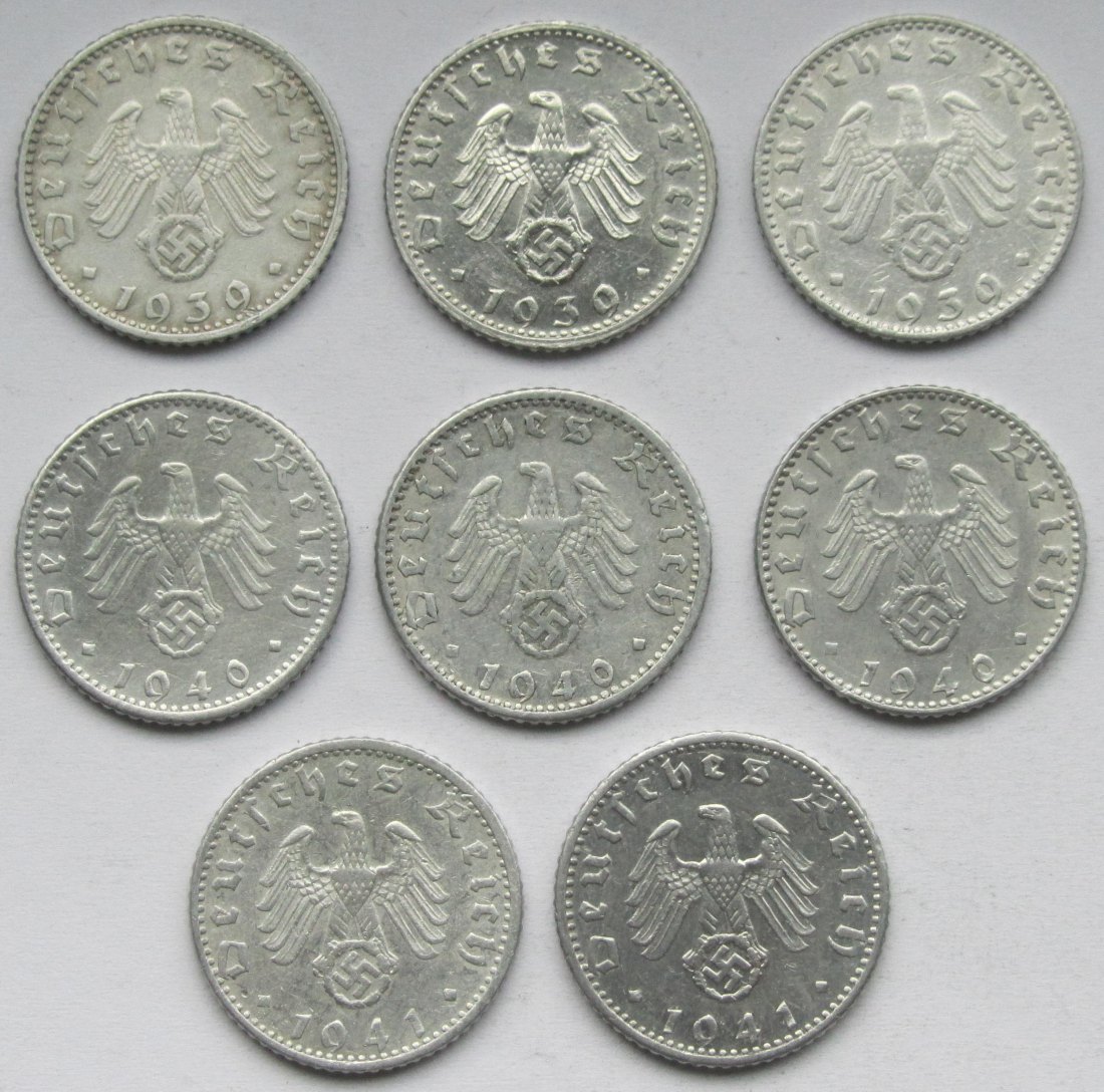  Deutsches Reich: 8 x 50 Pfennig seltene Jahrgänge   