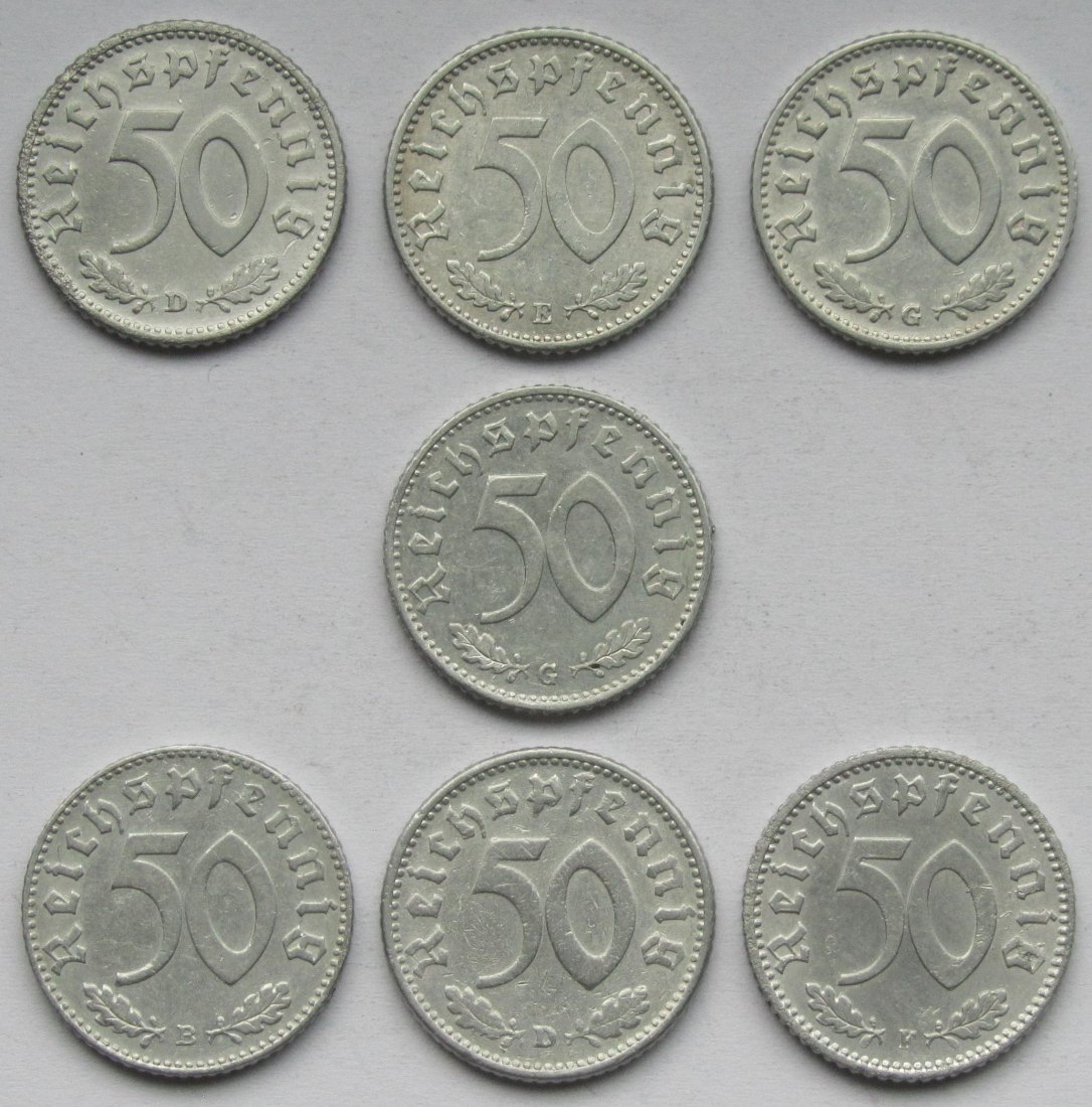  Deutsches Reich: 7 x 50 Pfennig seltene Jahrgänge   