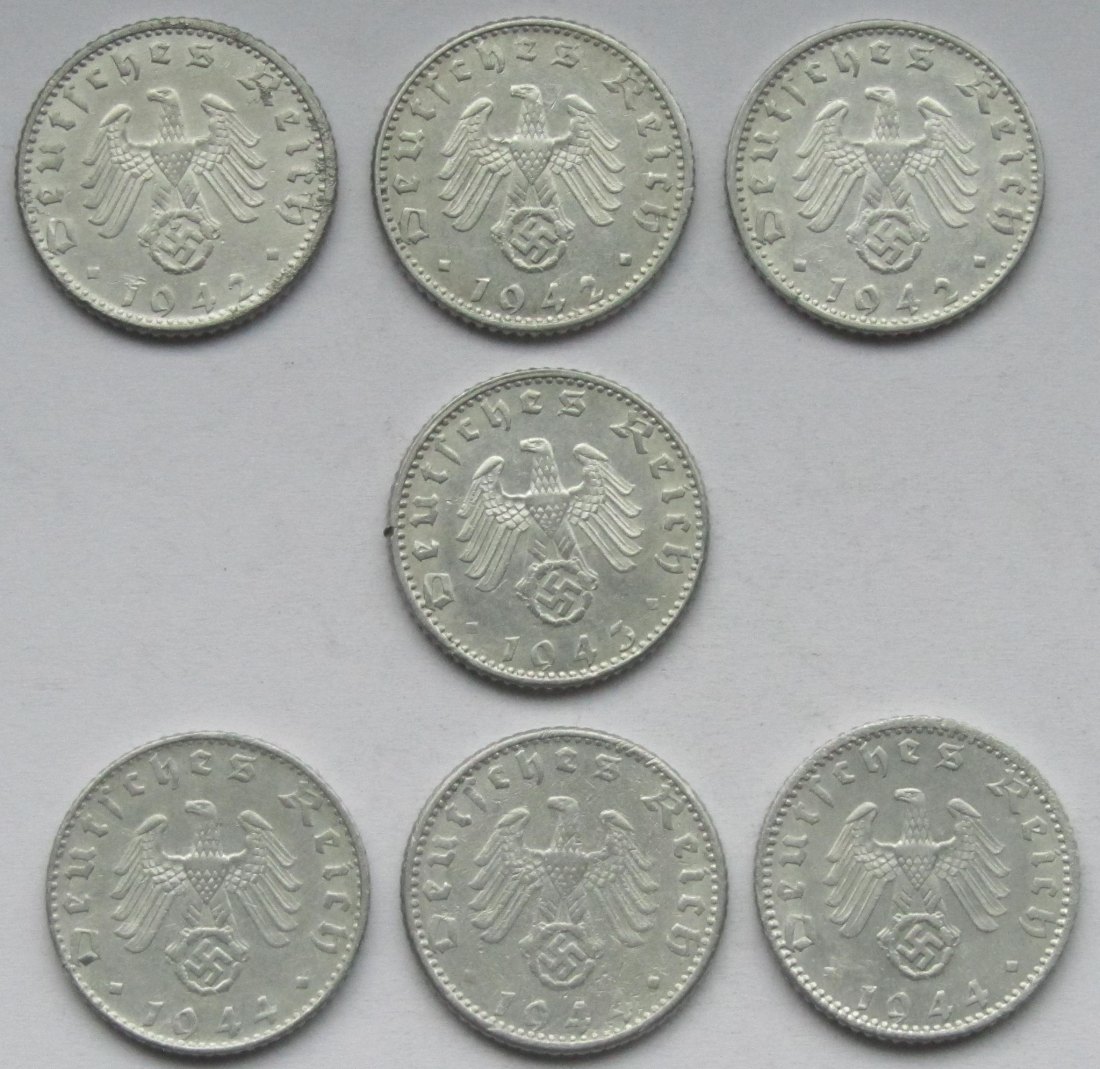  Deutsches Reich: 7 x 50 Pfennig seltene Jahrgänge   