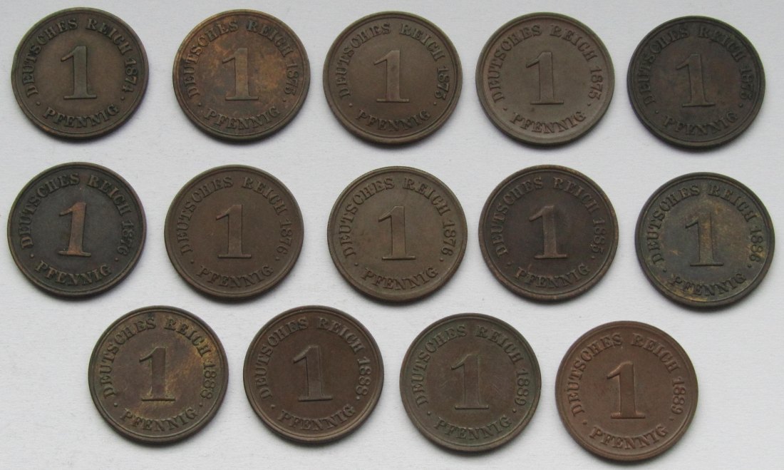  Kaiserreich: Lot aus 14 verschiedenen 1 Pfennig 1874-1889 in Top-Erhaltung   