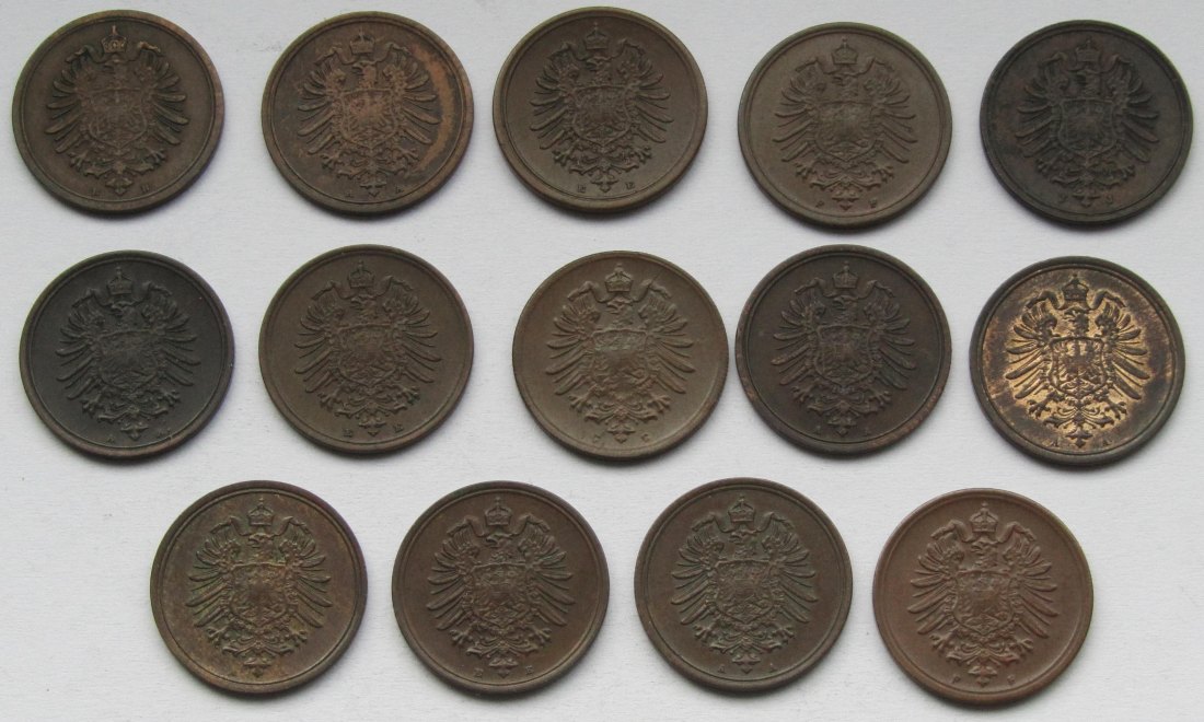  Kaiserreich: Lot aus 14 verschiedenen 1 Pfennig 1874-1889 in Top-Erhaltung   