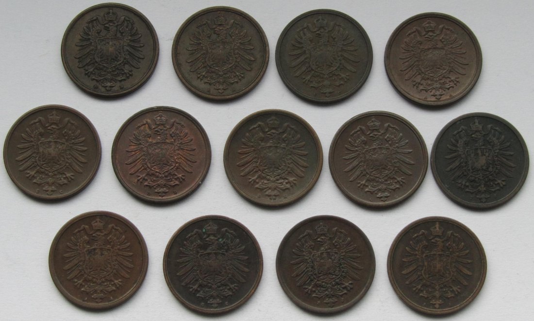  Kaiserreich: Lot aus 13 verschiedenen 2 Pfennig 1873-1877 in Top-Erhaltung   