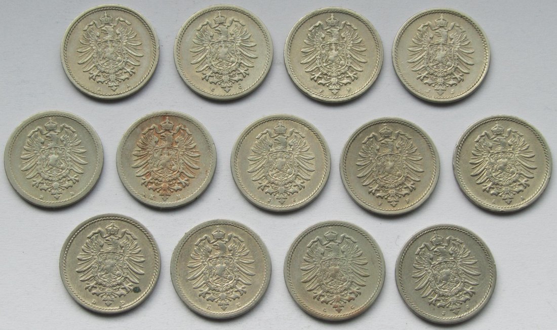  Kaiserreich: Lot aus 13 verschiedenen 5 Pfennig 1874-1889 in Top-Erhaltung   