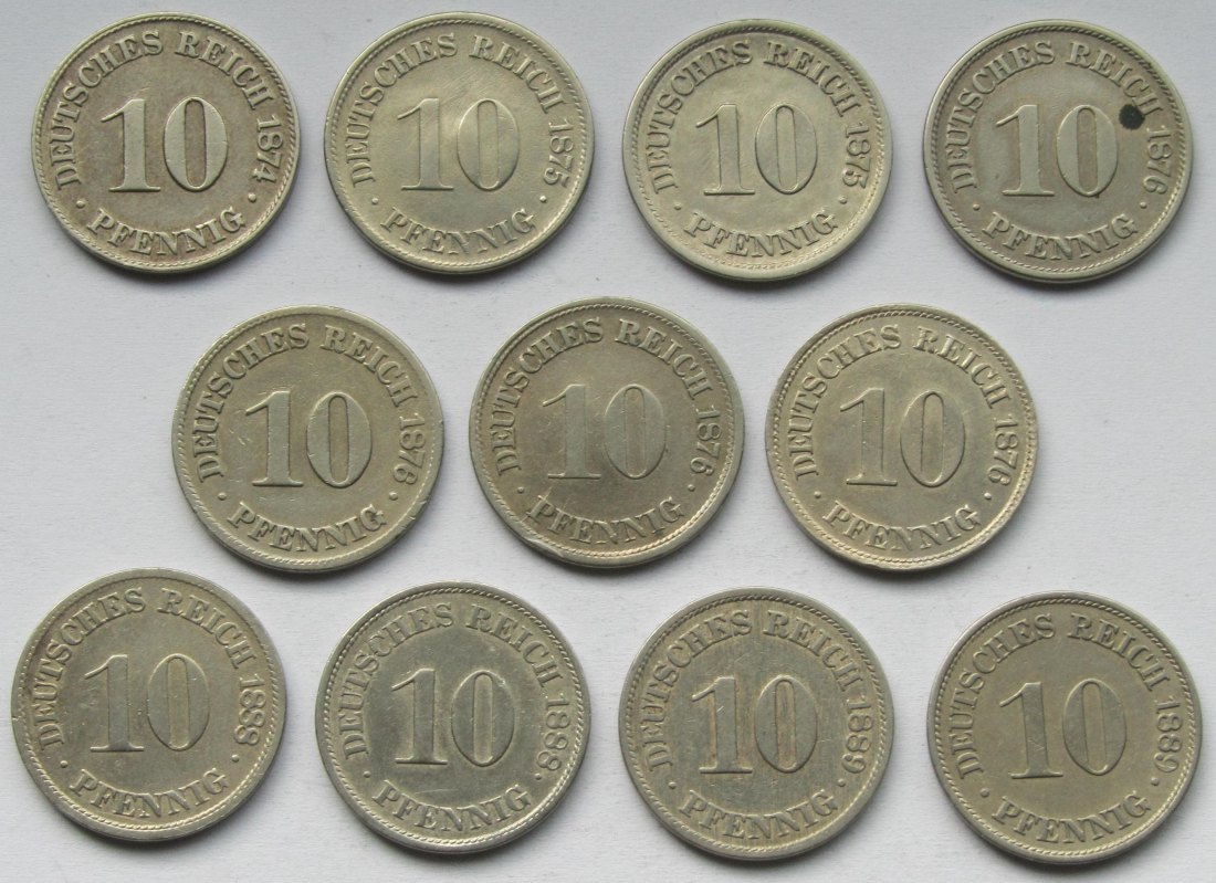  Kaiserreich: Lot aus elf verschiedenen 10 Pfennig 1874-1889 in Top-Erhaltung   