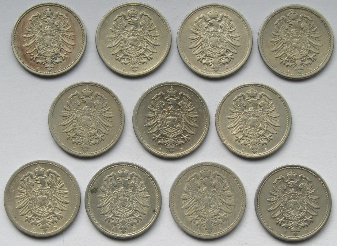  Kaiserreich: Lot aus elf verschiedenen 10 Pfennig 1874-1889 in Top-Erhaltung   