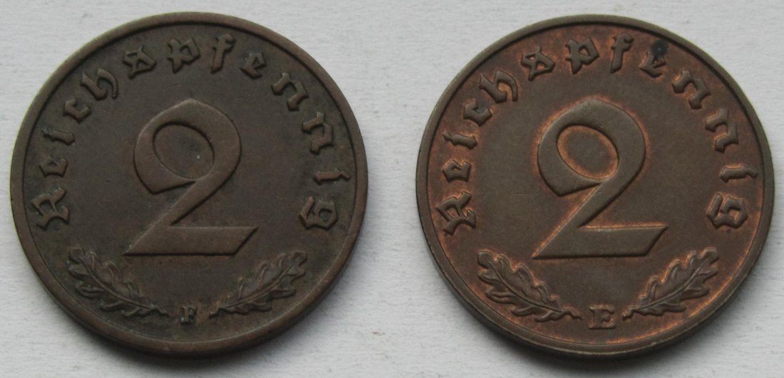  Deutsches Reich: 2 Pfennig 1936 F + 1937 E   