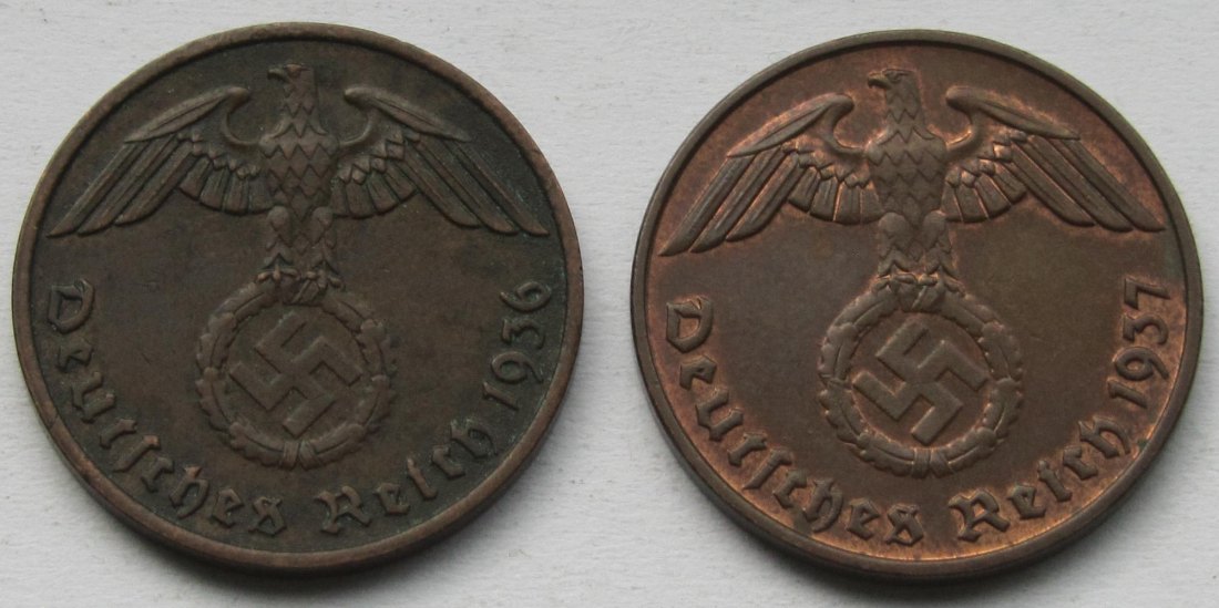  Deutsches Reich: 2 Pfennig 1936 F + 1937 E   