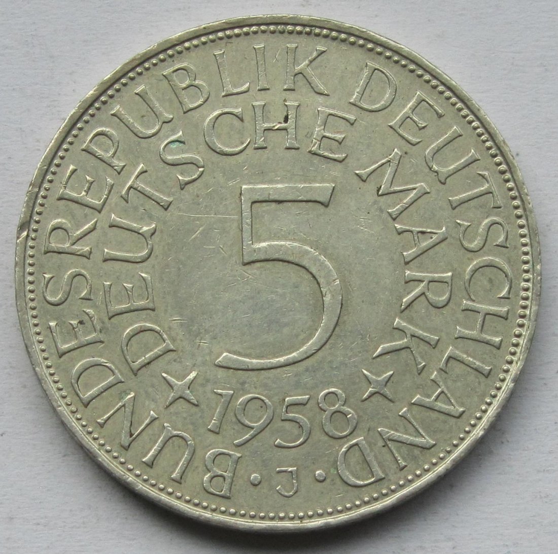  Deutschland: 5 DM 1958 J, seltener Jahrgang   