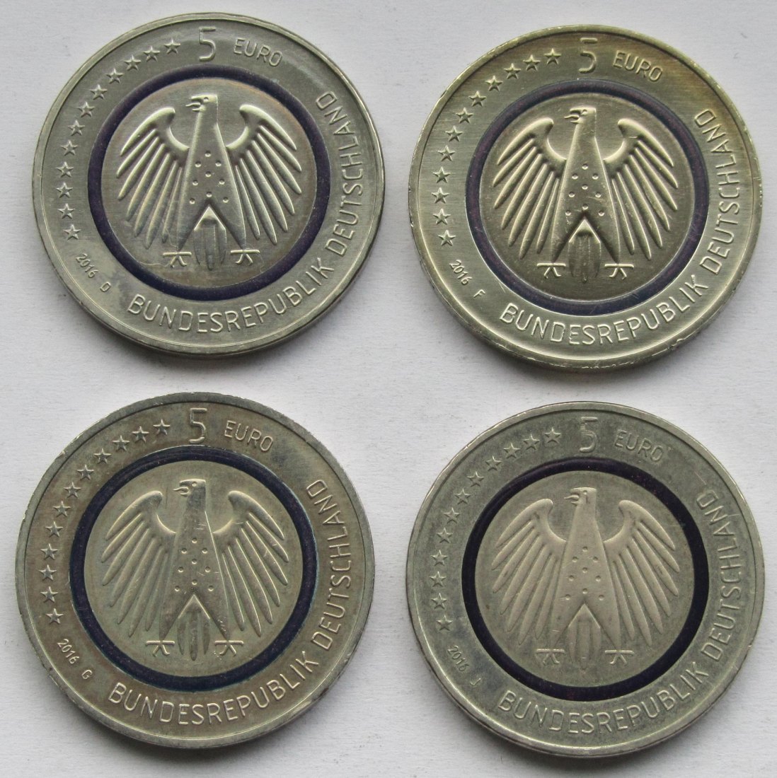  Deutschland: 5 Euro Planet Erde 2016, 4 Stück (D + F + G + J)   