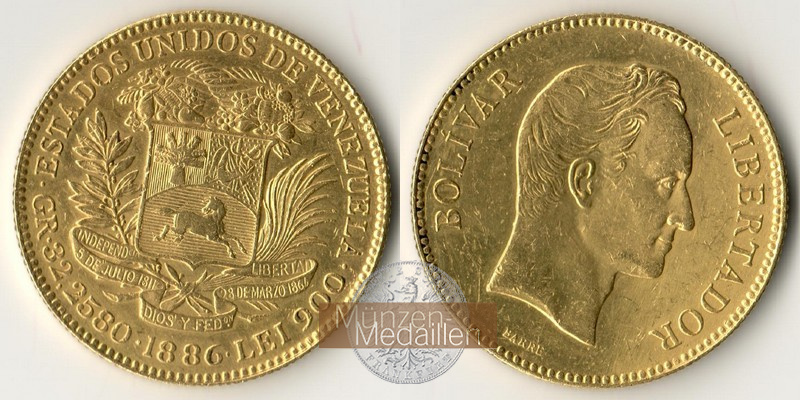 Venezuela, vereinigte Staaten 1879-1952. MM-Frankfurt Feingewicht: 29,03g Gold 100 Bolivares 1886 