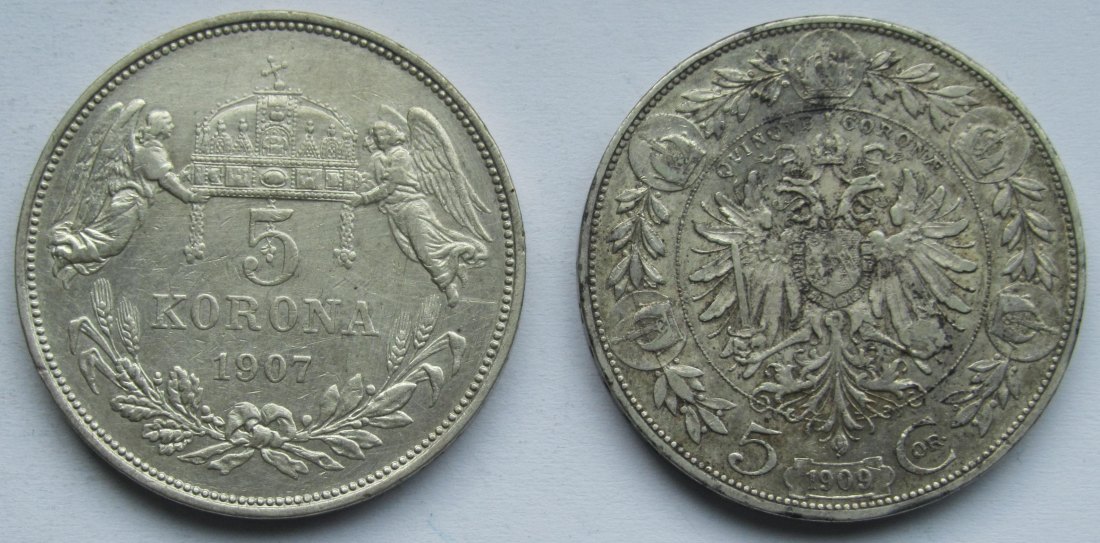  Österreich/Ungarn: 2 x 5 Kronen 1907 + 1909   