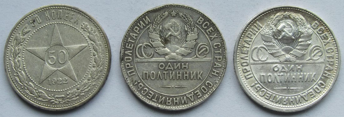  Sowjetunion/Russland: 3 x 50 Kopeken, zusammen 27 g Feinsilber   