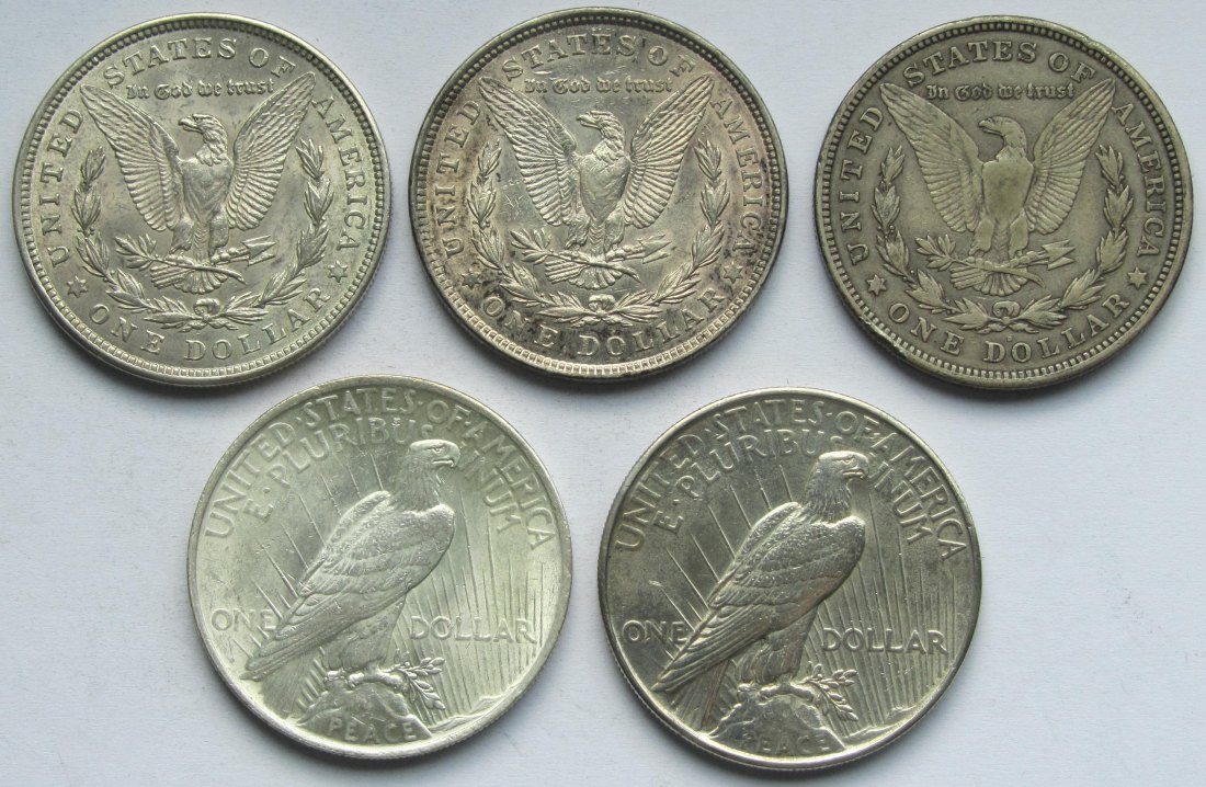  USA Vereinigte Staaten: Lot aus fünf Morgan-/Peace-Dollars 1921/1922   