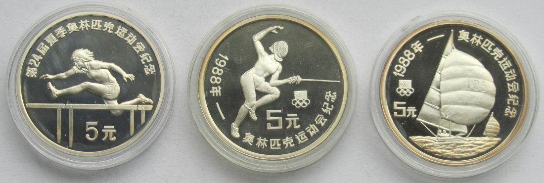  China: 3 x 5 Yuan Olympia 1988, zusammen 81 g Feinsilber   