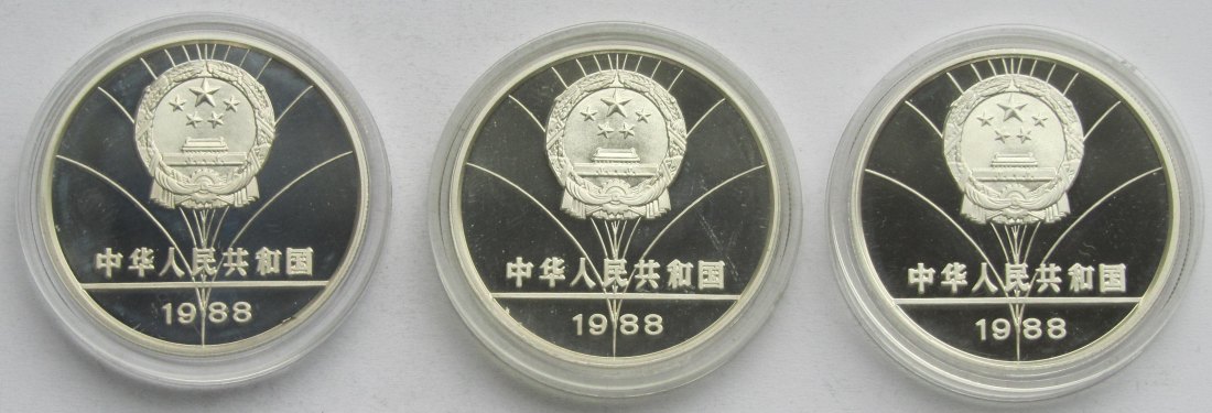  China: 3 x 5 Yuan Olympia 1988, zusammen 81 g Feinsilber   