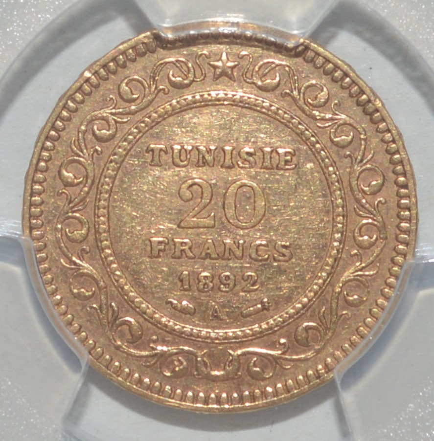  -kirofa - TUNISIEN 20 GOLD FRANCS- ALI BEY 1892 A - GOLD 5.81 gr - PCGS XF45.   