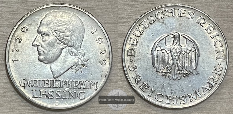  Weimarer Republik, 1919-1933.  3 Reichsmark 1929 D, Lessing.   FM-Frankfurt  Feinsilber: 7,5g   