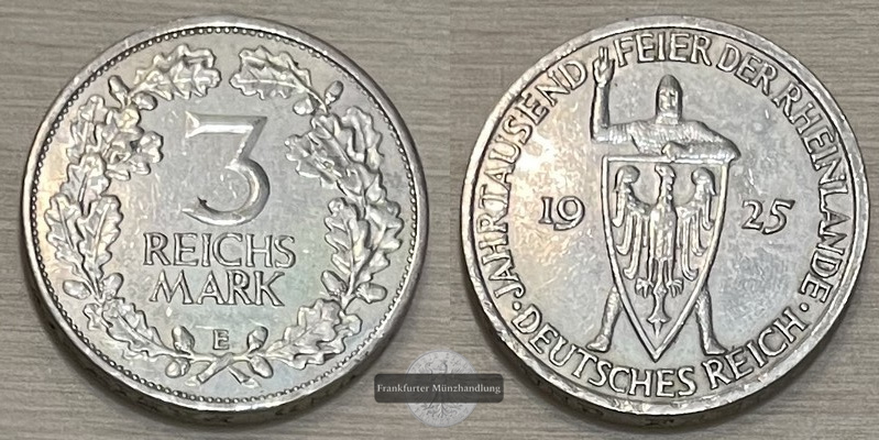  Weimarer Republik, 1919-1933. 3 Reichsmark 1925 E, Rheinlande.  FM-Frankfurt  Feingewicht: 7,5g   