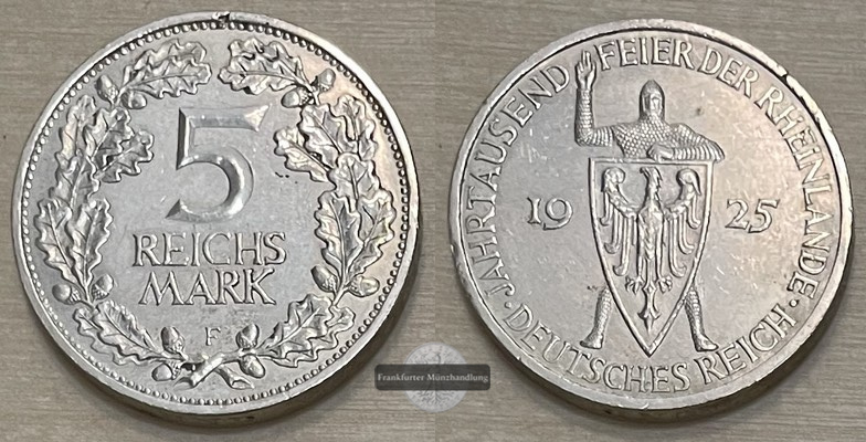  Deutschland, Weimarer Rep. 5 Reichsmark 1925F 1000 Jahre Rheinlande. FM-Frankfurt  Feinsilber: 12,5g   