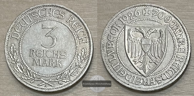  Weimarer Republik, 1919-1933. 3 Reichsmark 1926 A, Lübeck  FM-Frankfurt  Feingewicht: 7,5g   