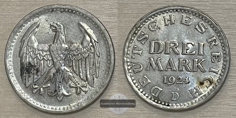  Weimarer Republik.   3 Mark 1924 D, Kursmünze    FM-Frankfurt    Feinsilber: 7,5g   