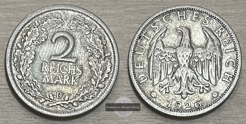  Weimarer Republik, 1919-1933.  2 Reichsmark 1926 D  FM-Frankfurt Feinsilber: 5g   