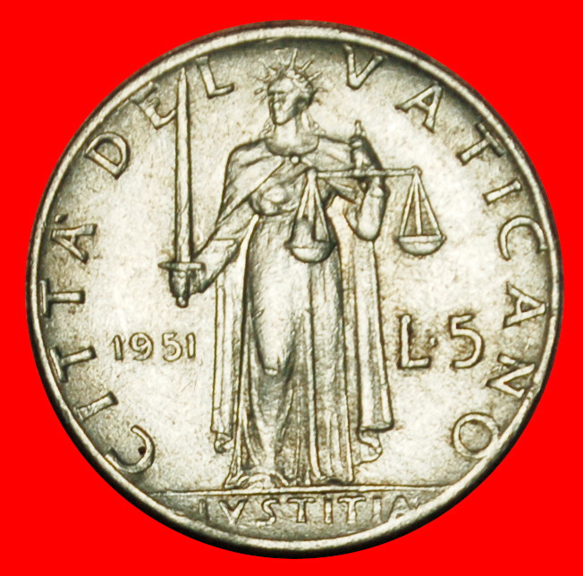  Ⰶ GÖTTIN JUSTITIA (1951-1958): VATIKAN ★ 5 LIRA 1951 Pius XII (1939-1958) OHNE VORBEHALT!   