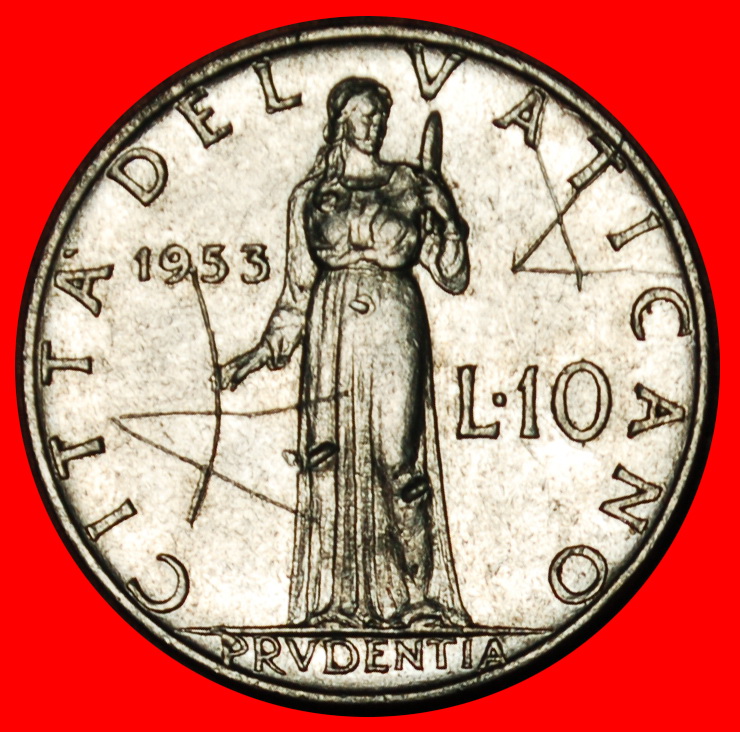  Ⰶ GODDESS PRUDENTIA (1951-1958): VATICAN★ 10 LIRAS 1953 Pius XII (1939-1958) LOW START ★ NO RESERVE!   