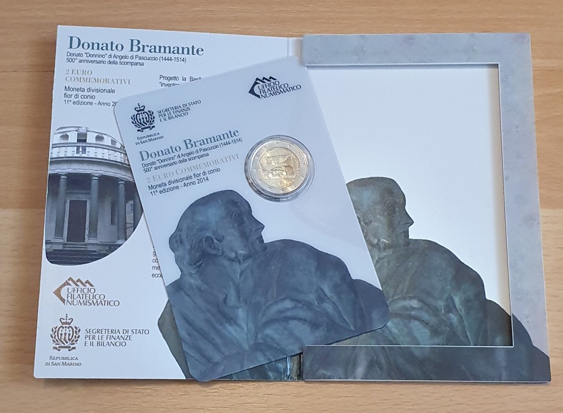  San Marino 2014, 2 € Gedenkmünze Bramante in Blisterkarte und Originalfolder!   