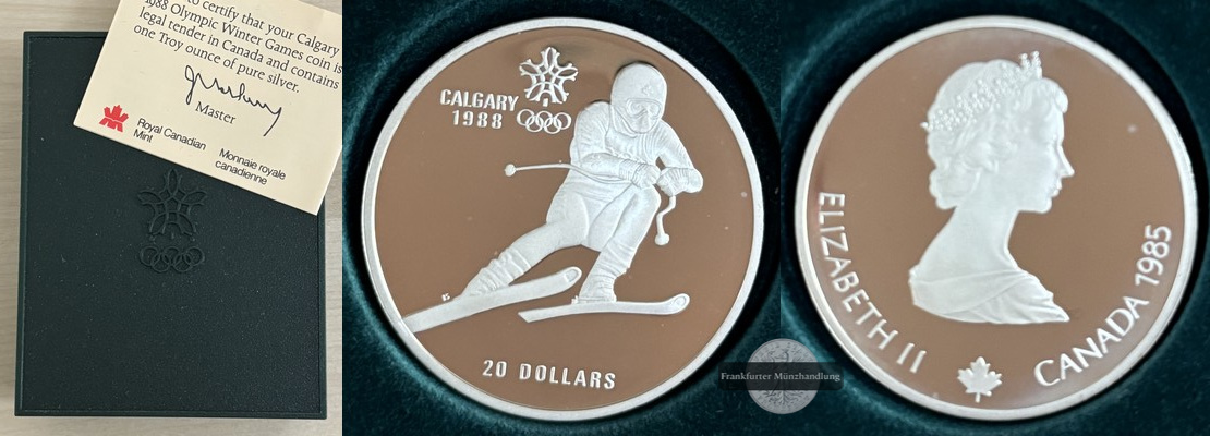  Kanada 20 Dollar  1985 Olympia 1988 in Calgary-Alpin Ski FM-Frankfurt   Feingewicht: 31,11g  Silber   