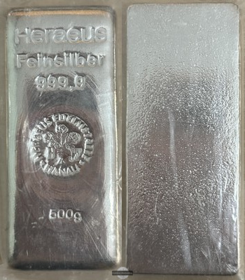  Deutschland Silberbarren 500g HERAEUS  FM-Frankfurt  Feinsilber: 500g   