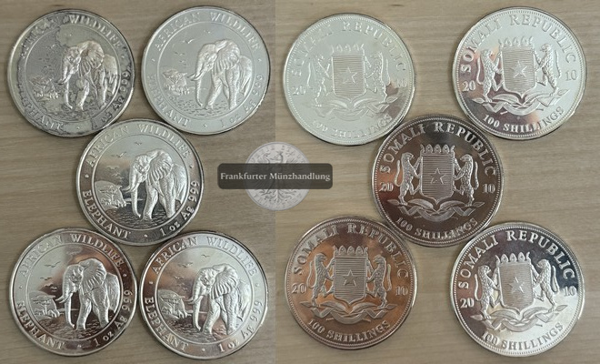  Somalia, 5x 100 Schilling  2010 African Wildlife   FM-Frankfurt   Feinsilber: 155,5g   