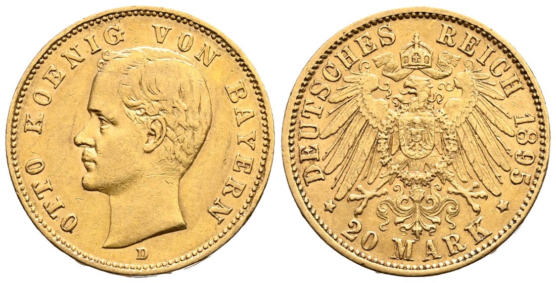 PEUS 2109 Kaiserrreich - Bayern 7,16 g Feingold. Otto (1886 - 1913) 20 Mark GOLD 1895 D Kl. Kratzer, Sehr schön