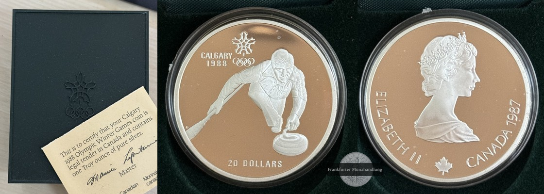  Kanada 20 Dollar  1987 Olympia 1988 Calgary Curling  FM-Frankfurt  Feingewicht: 31,1g Silber   