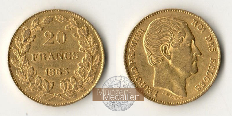 Belgien  20 Francs MM-Frankfurt Feingold: 5,81g Leopold I. (1832-1865) 1865 