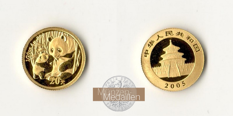 China, Volksrepublik. MM-Frankfurt Feingewicht 1,55g Gold 20 Yuan (Panda) 2005 