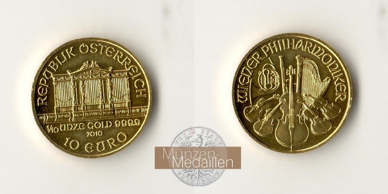 Österreich MM-Frankfurt Feingewicht: 3,11g Gold 10 Euro (Wiener Philharmoniker) 2010 