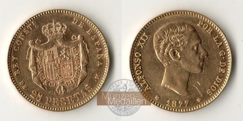 Spanien MM-Frankfurt Feingold: 7,26g 25 Pesetas 1877 