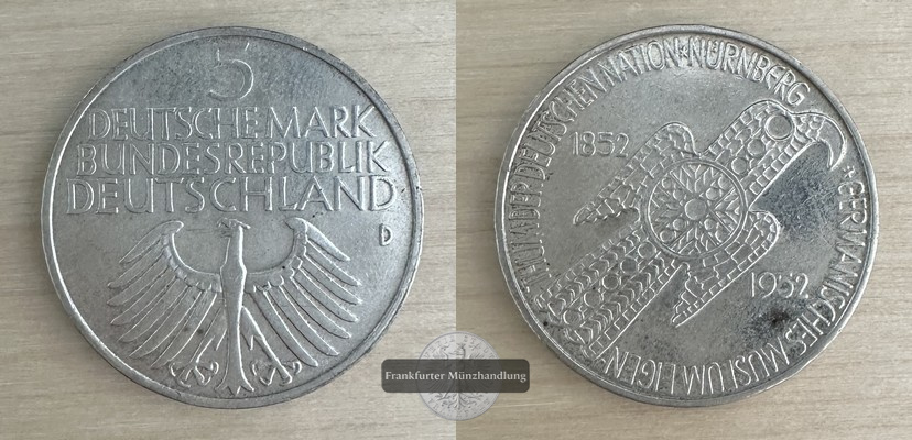  Deutschland 5 Mark, 1952 Germanisches Nationalmuseum in Nürnberg  FM-Frankfurt     Feinsilber: 7g   