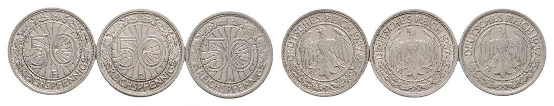  Drittes Reich; 3x  50 Reichspfennig 1937; verschiedene Buchstaben   