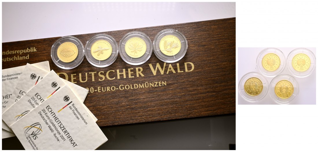 PEUS 2142 BRD Insg. 15,55 g Feingold. Deutscher Wald - Incl. Holzbox + Zertifikate 20 Euro GOLD (4 Münzen) 2010 - 2015 Stempelglanz (in Kapsel)